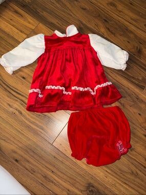 6-9m vintage Red Velvet Infant Holiday Dress with Bloomers like new
